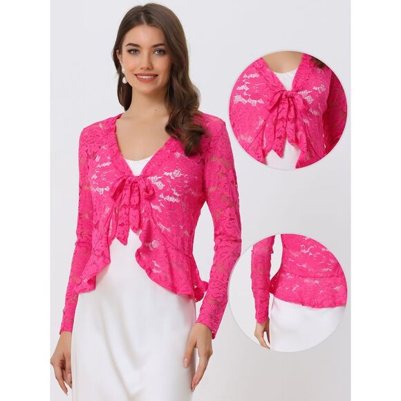 Floral Lace Shrug Tie Front Ruffled Hem Sheer Crop Bolero Cardigan Hot Pink - Picture 2 of 5
